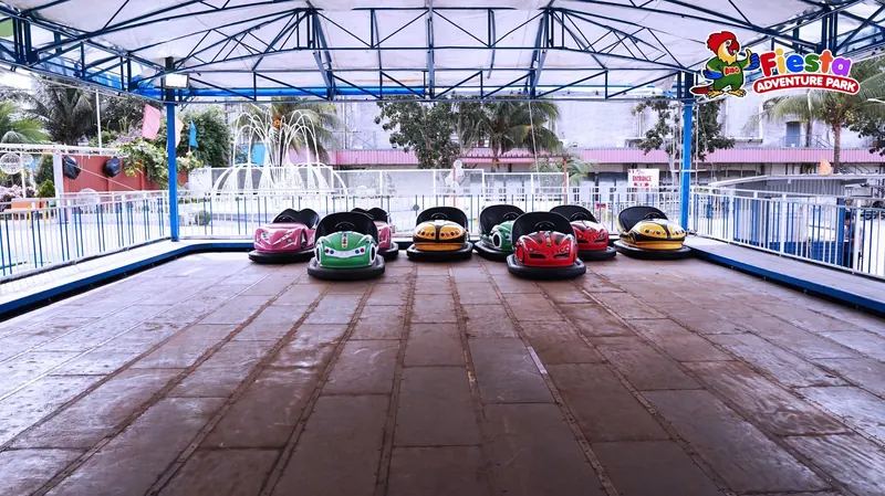 A row of colourful bumper cars lined up on the arena floor under a covered roof