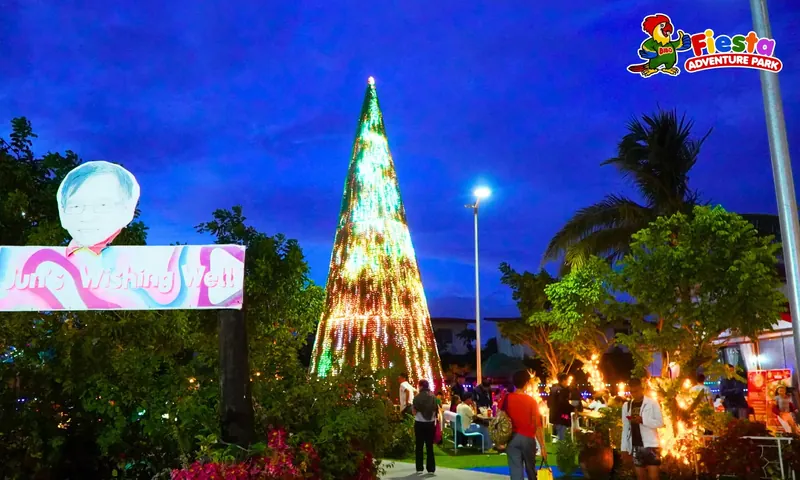 A tall illuminated Christmas tree glowing at night