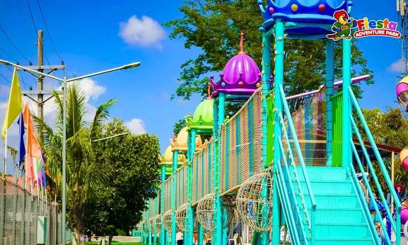 A tall play tower with slides, netting and a purple dome roof