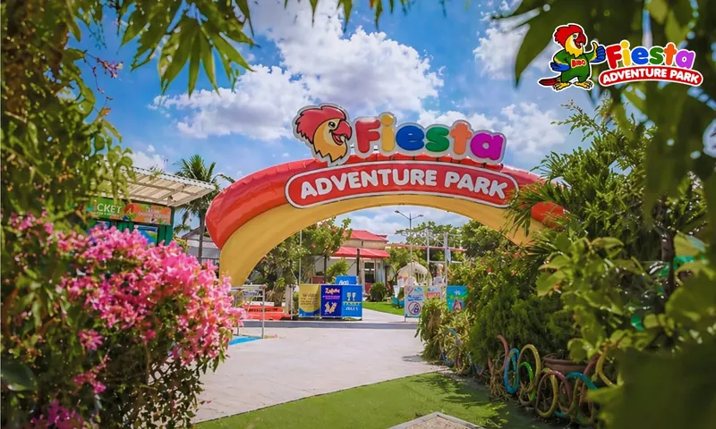 The rainbow-coloured Fiesta arch at the park entrance