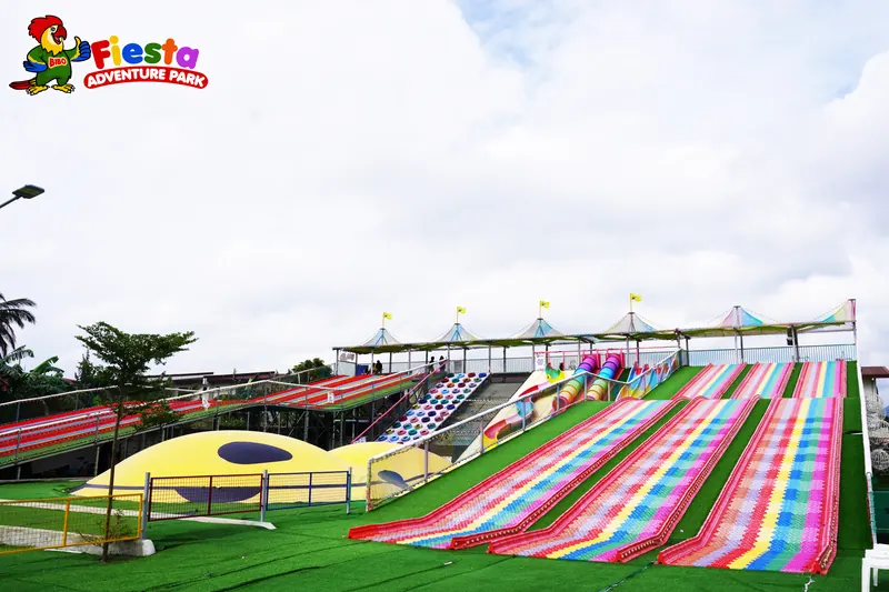 The rainbow slide hill beside a yellow dome and palm trees