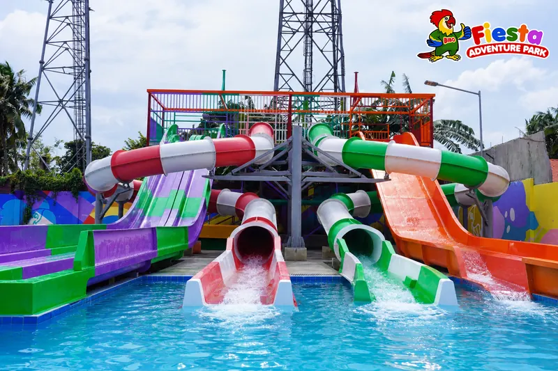 Green, red and purple tube slides ending in the pool