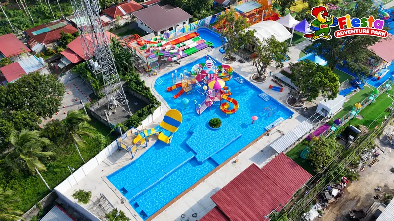 Drone view of the waterpark pools and slide towers